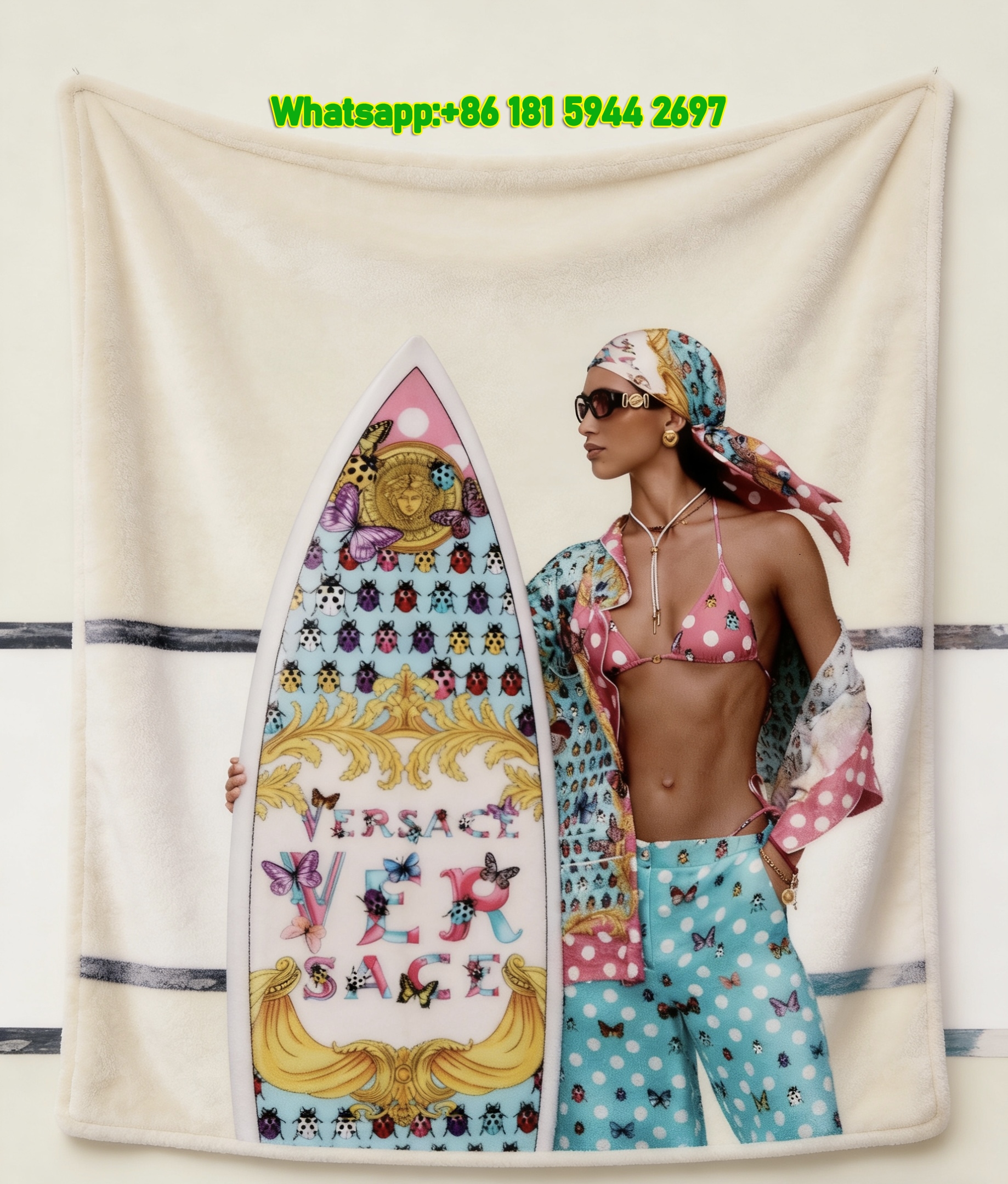 Versace Turquoise Pink Ladybug Butterfly Print Flannel Throw Blanket Luxury Versace Fashion Soft Fleece Blanket IMG_1714